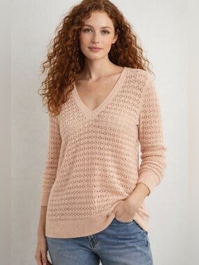 LOFT V-Neck Crochet Sweater in Soft Pink